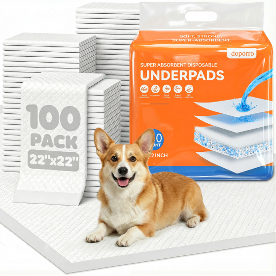 Disposable Puppy Pads 100 Count, 22"x22" Pee Pads for Dogs Potty Training, 6-Layer Super Absorbent & Leak Proof, Odor Block Pet Pads with Anti-Slip Adhesive Strips, White